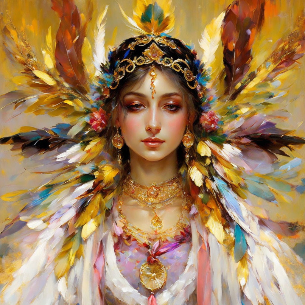 Colorful painting of woman with feathered headdress on abstract background