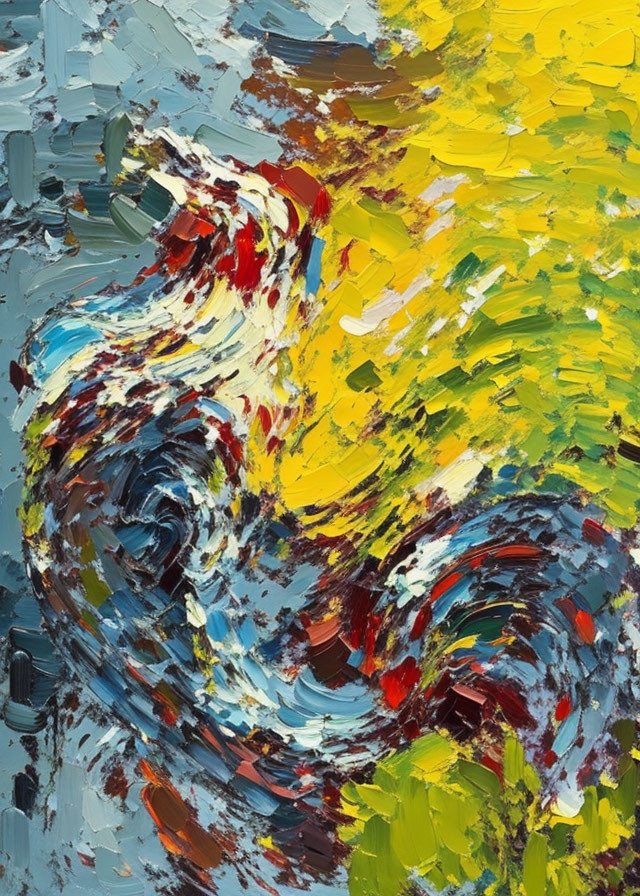 Vibrant abstract oil painting with swirling yellow, blue, red, and white patterns