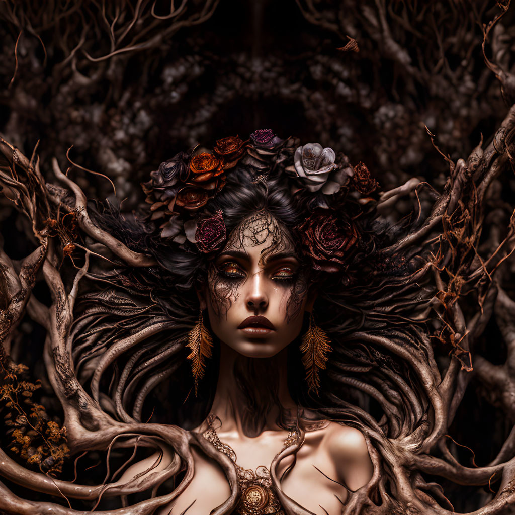 Mystical woman with flower crown in dark forest setting