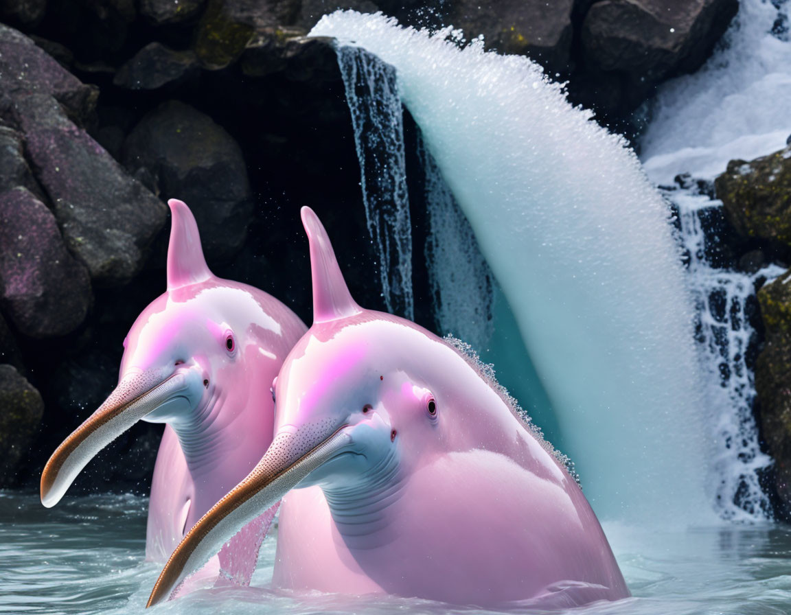 Pink dolphins with beaks swim near waterfall and rocks