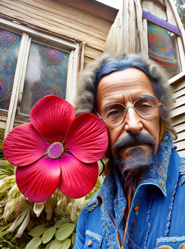 Man with Blue Hair and Red Flower by Colorful Window