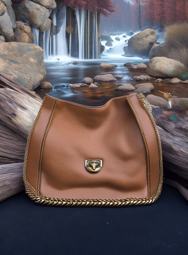 Brown Leather Handbag with Gold Chain on Log by Waterfall and Autumn Forest