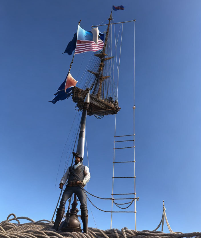 Naval uniform man on ship deck with American flags in digital illustration