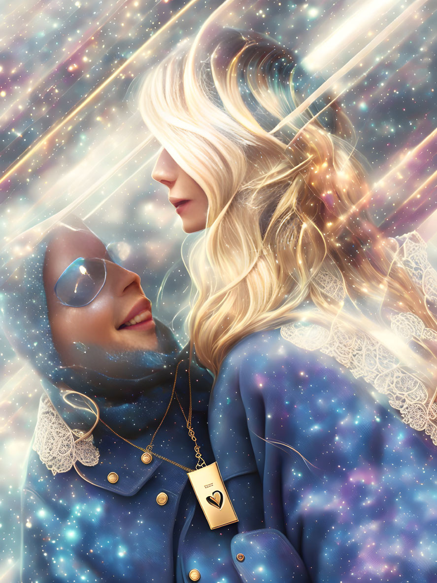 Two women in cosmic setting, one in hijab, one with blond hair and heart pendant, both