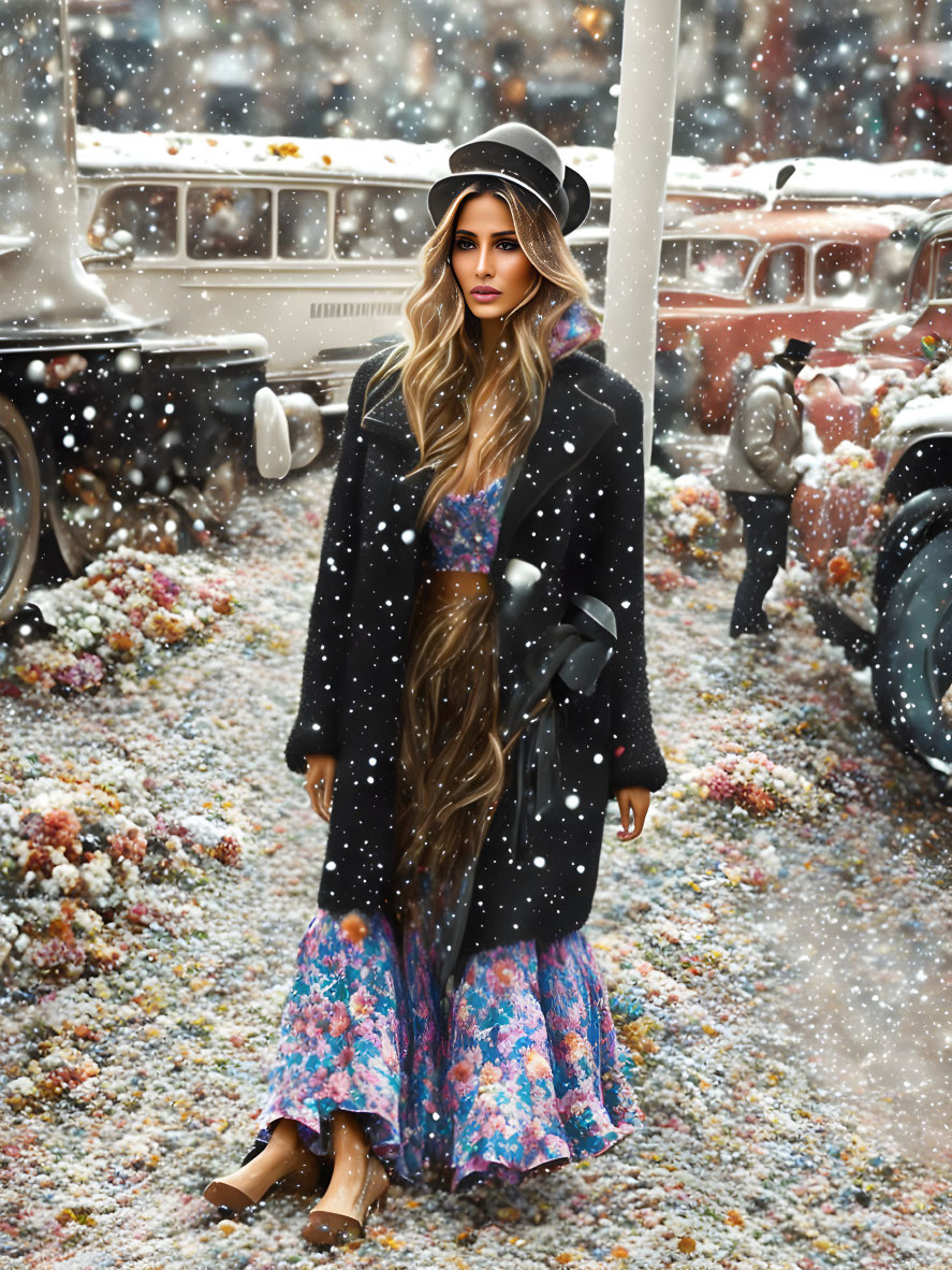 Woman in Black Coat and Hat on Flower-Strewn Street with Vintage Cars and Snowflakes