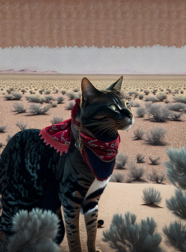 Tabby Cat with Red Bandana in Surreal Desert Landscape