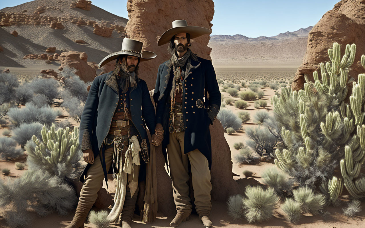 Men in traditional Western attire in desert landscape with cacti.