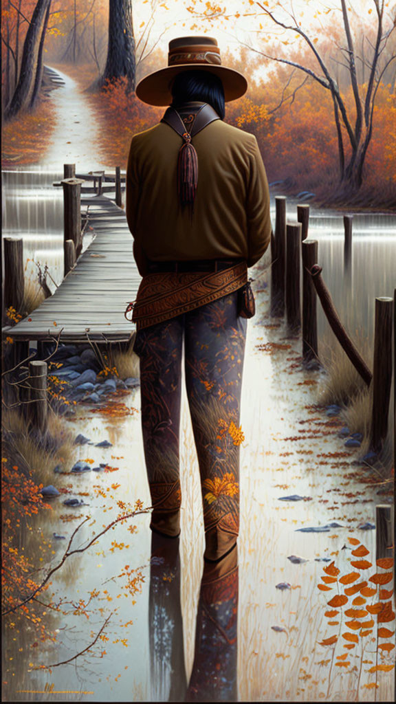 Person in Hat and Ornate Leggings on Wooden Pier Surrounded by Autumn Trees