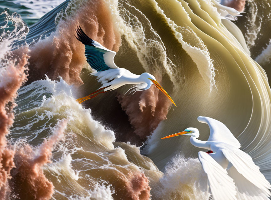 White Birds with Yellow Beaks Flying over Ocean Waves