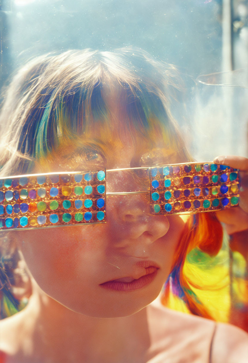 Woman with Bangs Holding Gemstone Sunglasses in Colorful Sunlit Scene