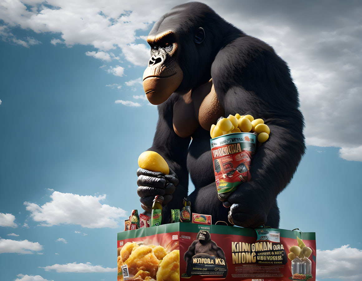 Realistic CGI gorilla with burger and Pringles on snack boxes under cloudy sky