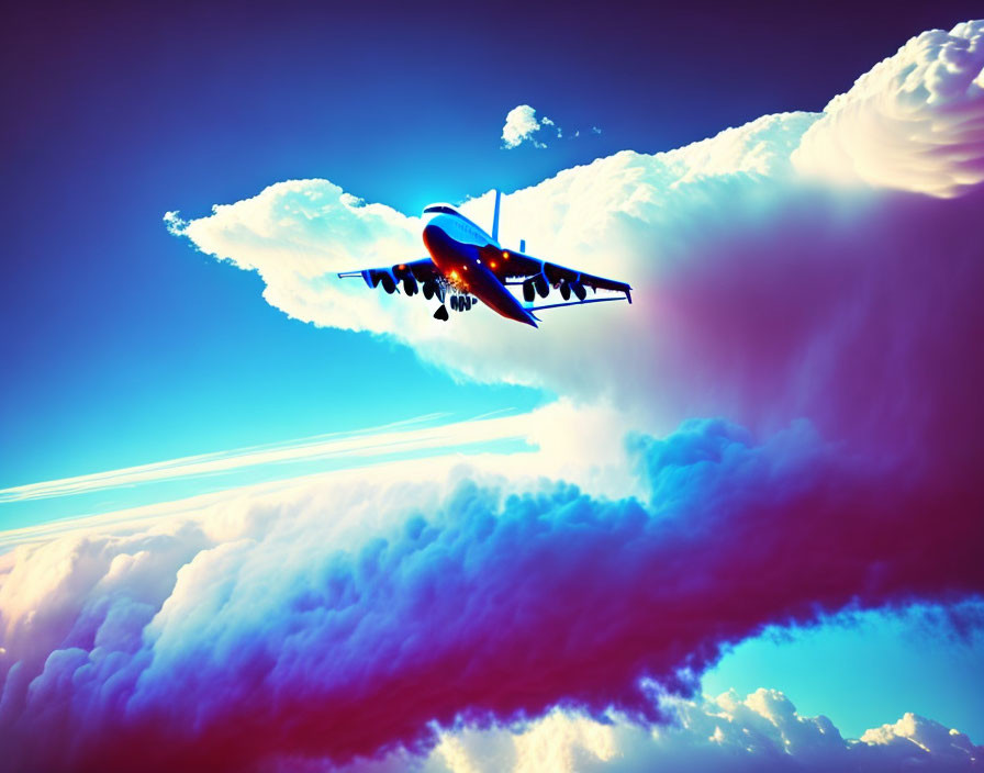 Commercial airplane flying above fluffy white clouds in vivid blue sky