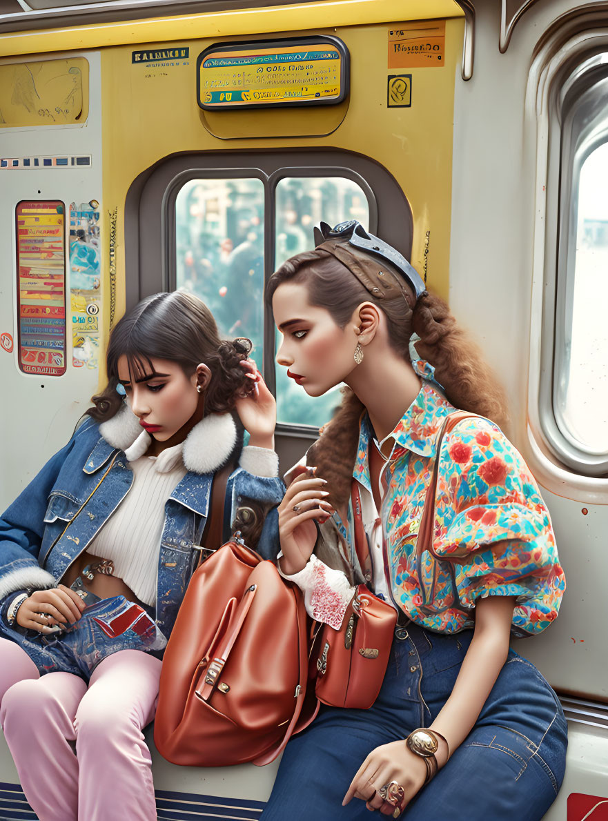 Vintage Fashion: Stylish Women in Subway Car with Mobile Phone