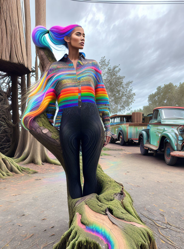 Colorful Striped Hair Person Posing on Mossy Tree Trunk with Vintage Trucks and Trees