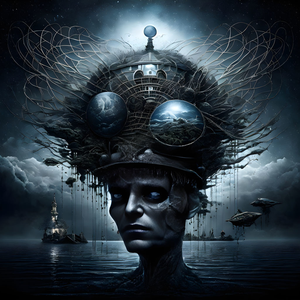 Surreal portrait with celestial headgear and architectural clouds