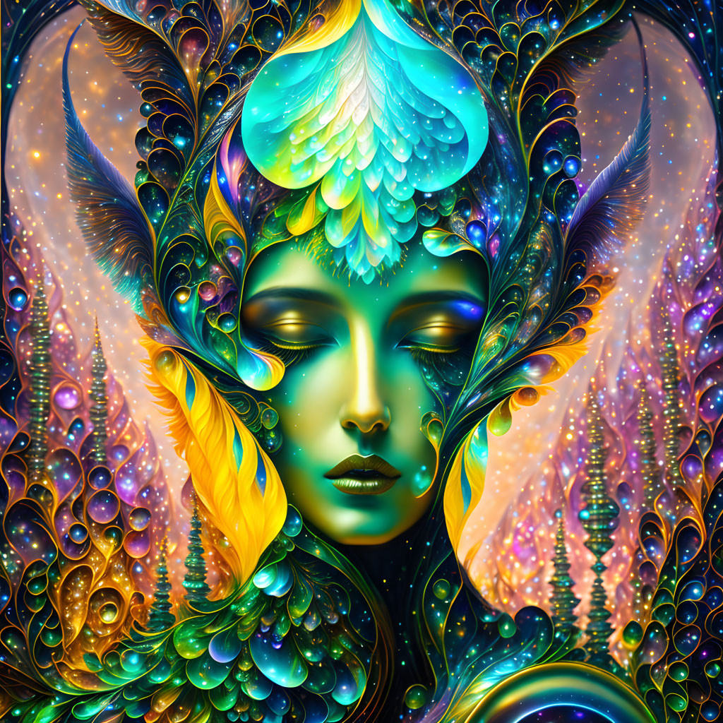 Colorful digital artwork featuring serene woman with closed eyes