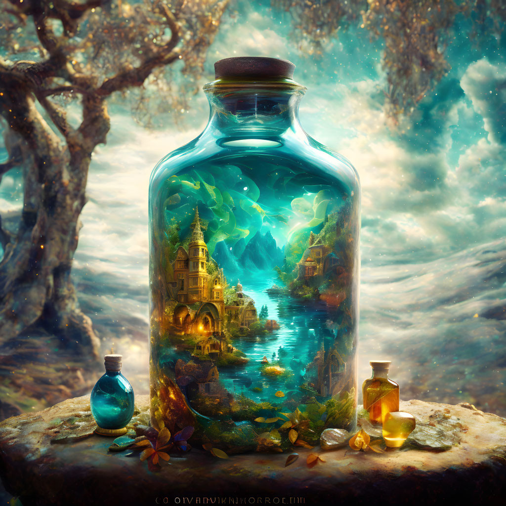 Miniature aquatic castle scene in large glowing bottle amidst forest backdrop