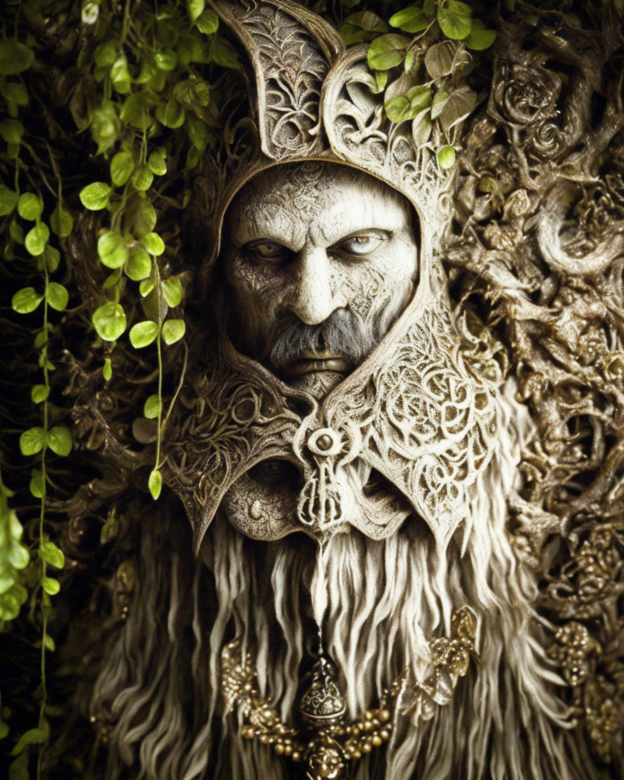 Intricate leaf and vine design on fantasy humanoid face sculpture