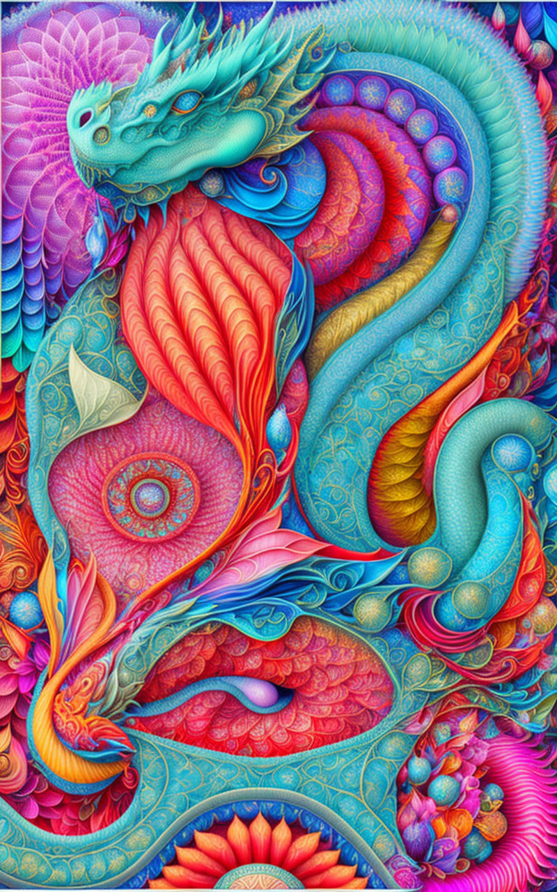 Colorful Dragon Artwork with Feather-like Scales and Ornate Patterns