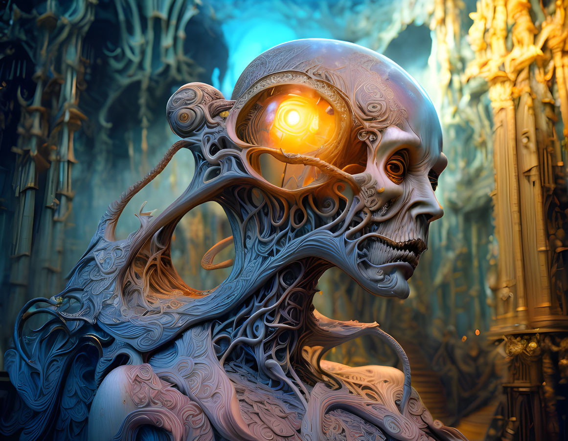 Surreal humanoid skull with glowing eye in baroque setting