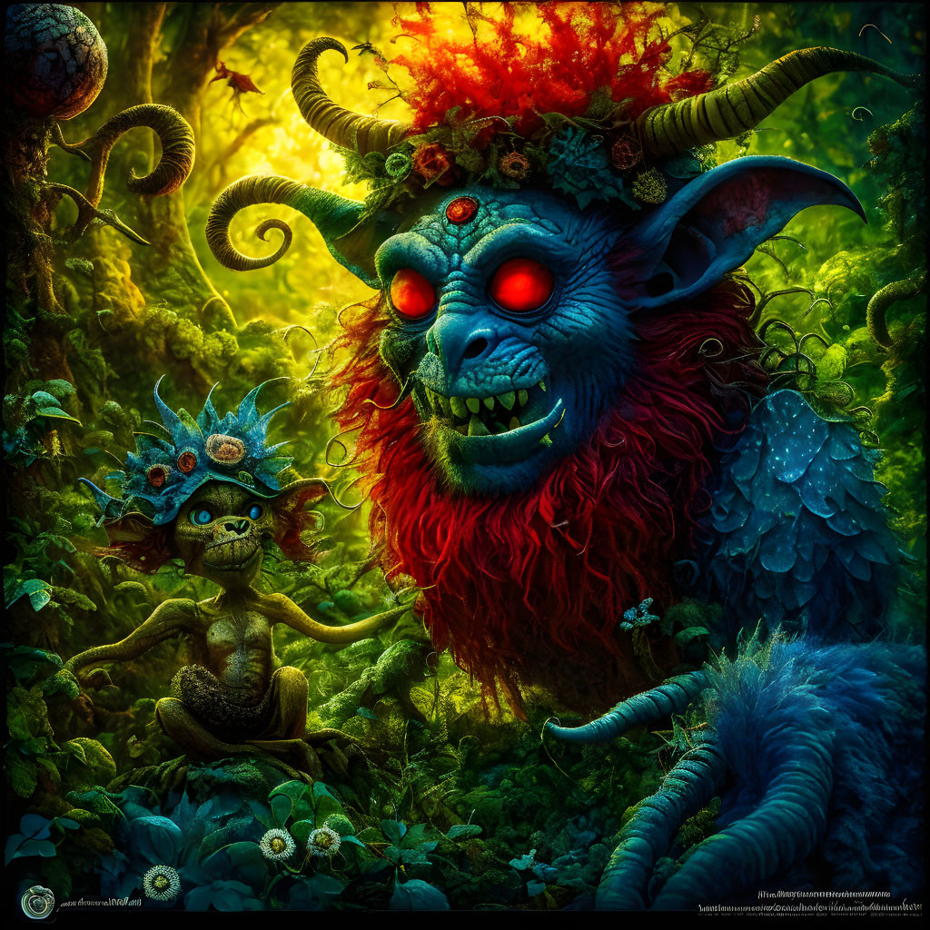 Colorful fantasy art: Blue horned creature with red eyes in lush forest