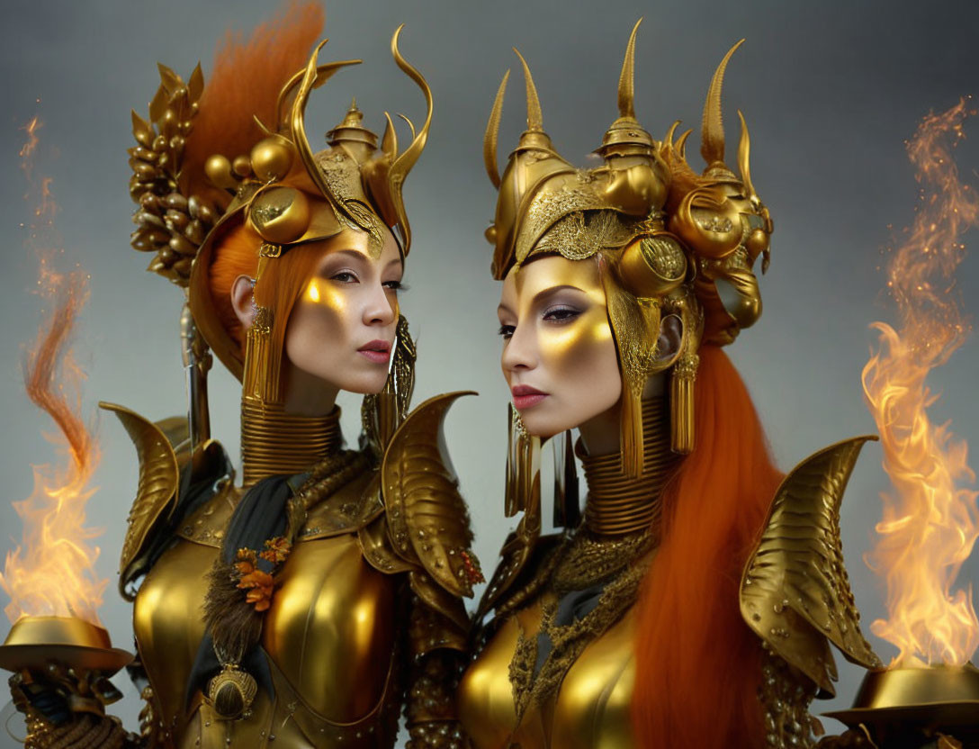 Fantasy warriors in gold armor with fiery motifs and orange hair against gray background.