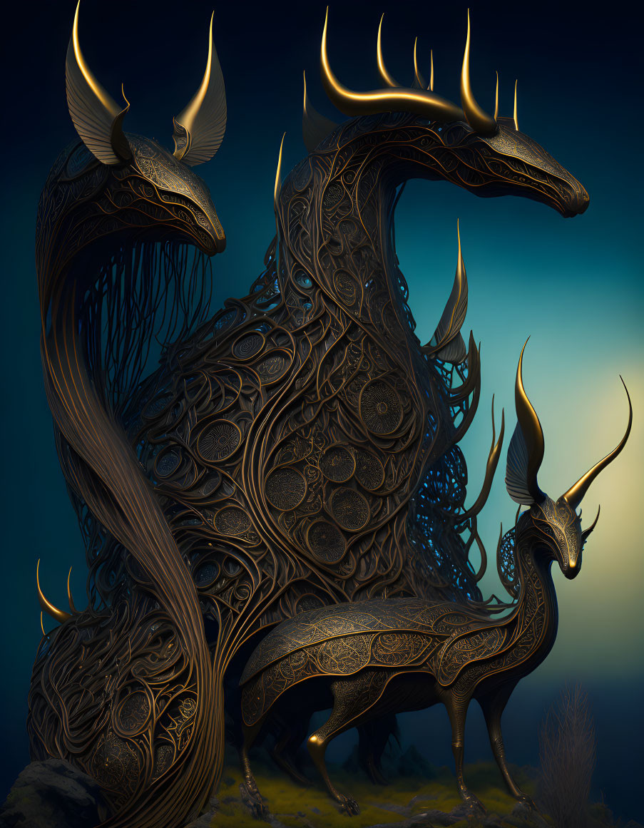 Intricate mythical dragon with antler-like horns on dusky background