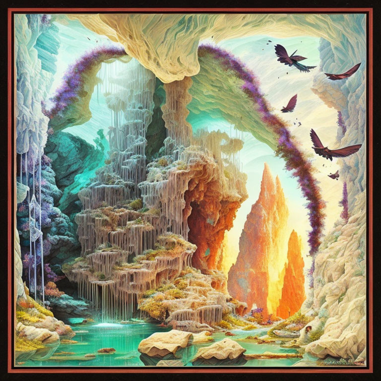 Fantasy landscape with cavern, waterfall, birds, and archway