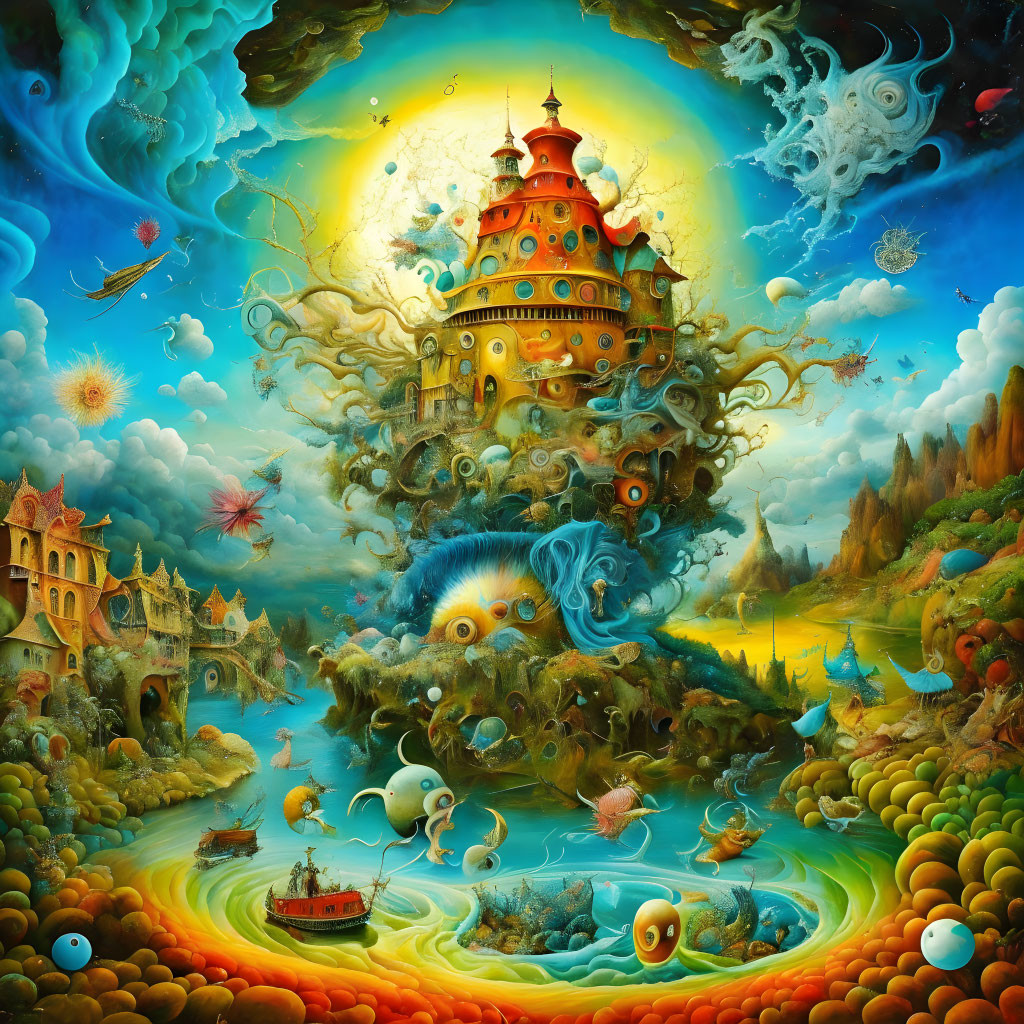 Surreal landscape with fantastical castle, floating islands, whimsical creatures