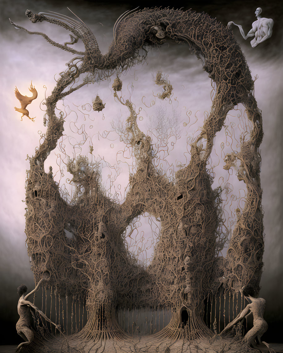 Fantastical tree with humanoid figures, levitating elements, and ethereal bird in misty scene