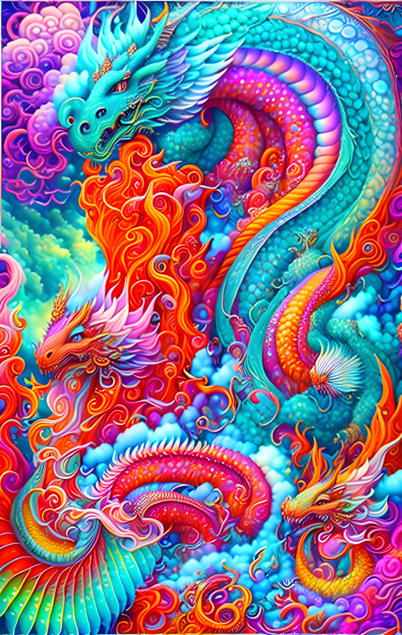 Colorful Dragons Artwork: Vibrant depiction of three dragons with intricate scales and feathers in a psychedelic