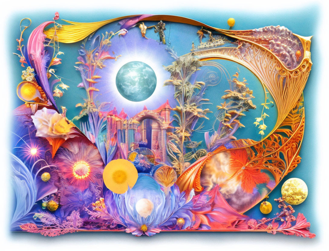 Surreal artwork featuring moon centerpiece, flowers, and ornate designs