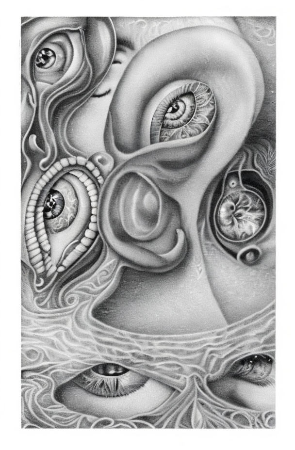 Surreal grayscale drawing with multiple eyes and ear-like shapes in organic pattern