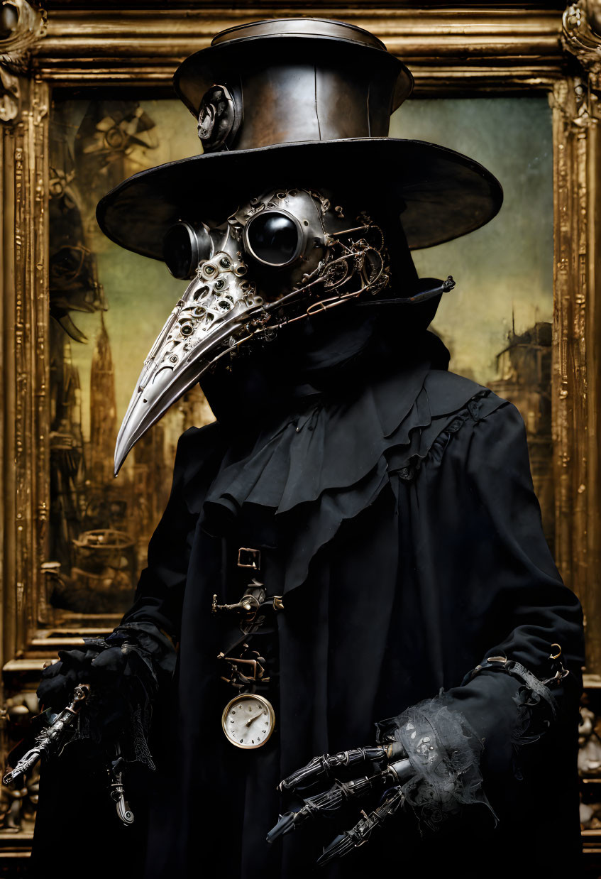 Steampunk-style plague doctor costume with top hat, goggles, beaked mask, and mechanical gloves