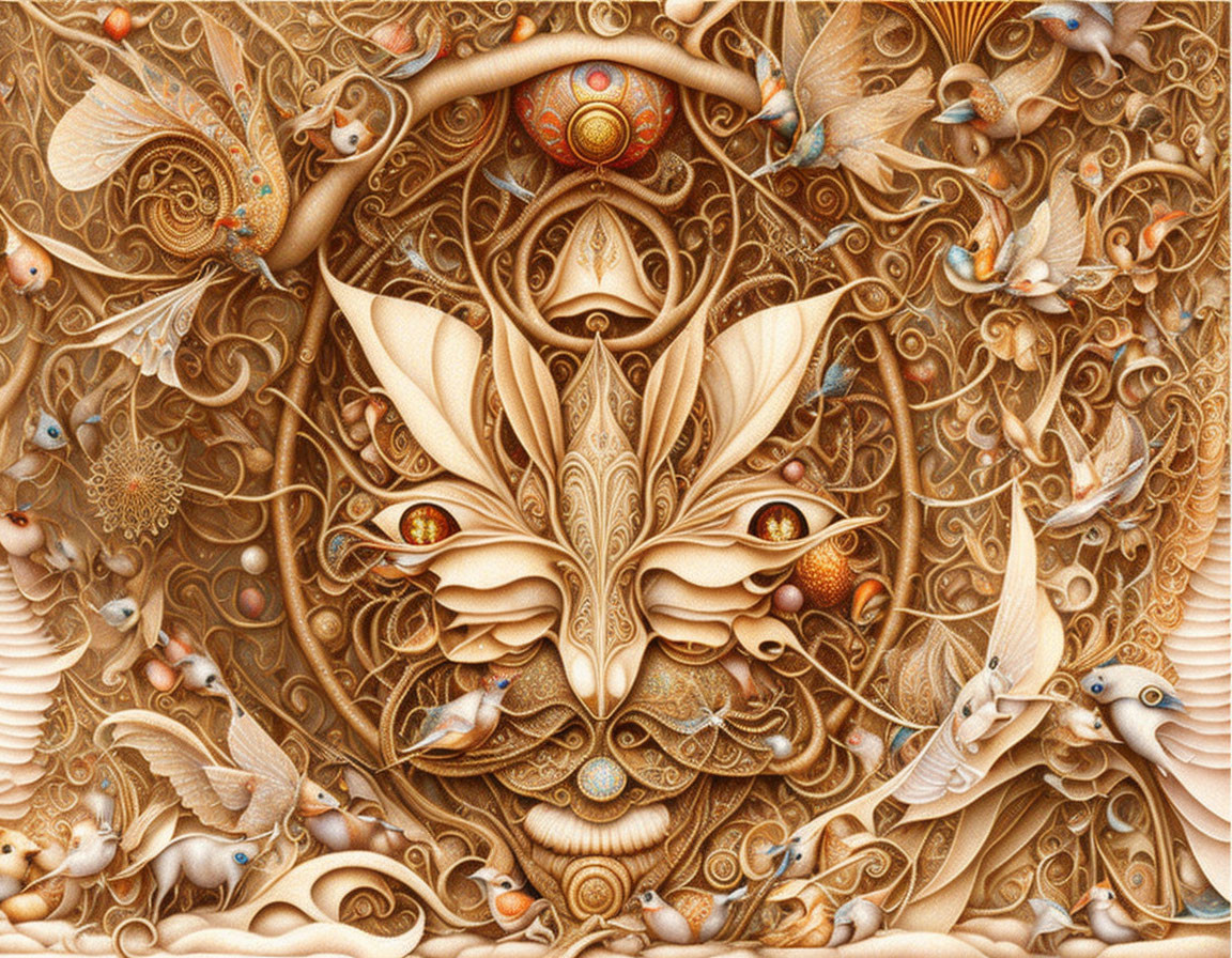 Symmetrical golden fractal art with fantasy elements and stylized birds.