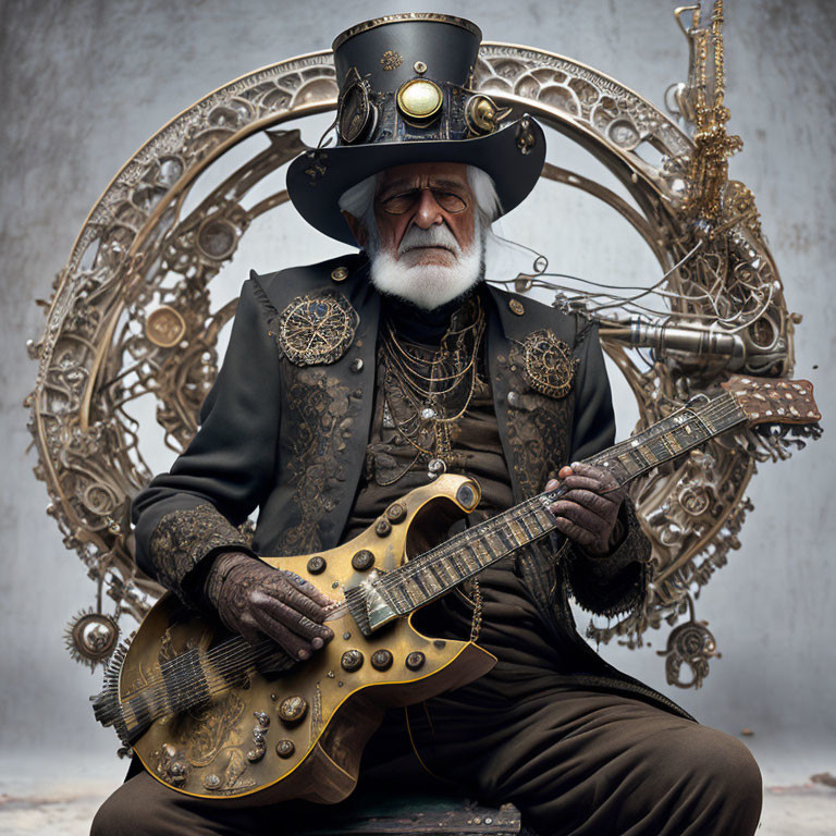 Elderly Man in Steampunk Attire with Guitar in Mechanical Setting