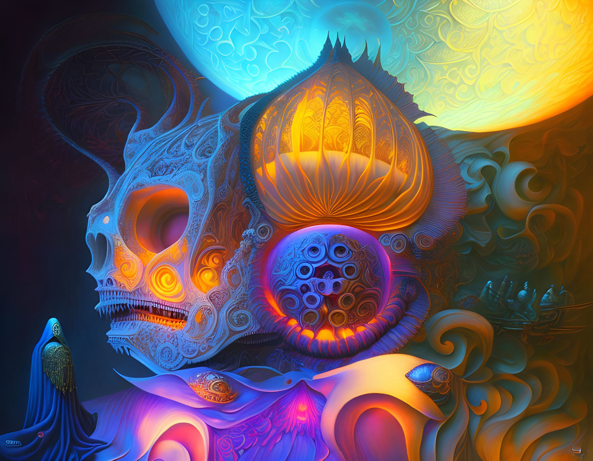 Abstract Cosmic Scene with Skull-like Form and Vibrant Patterns