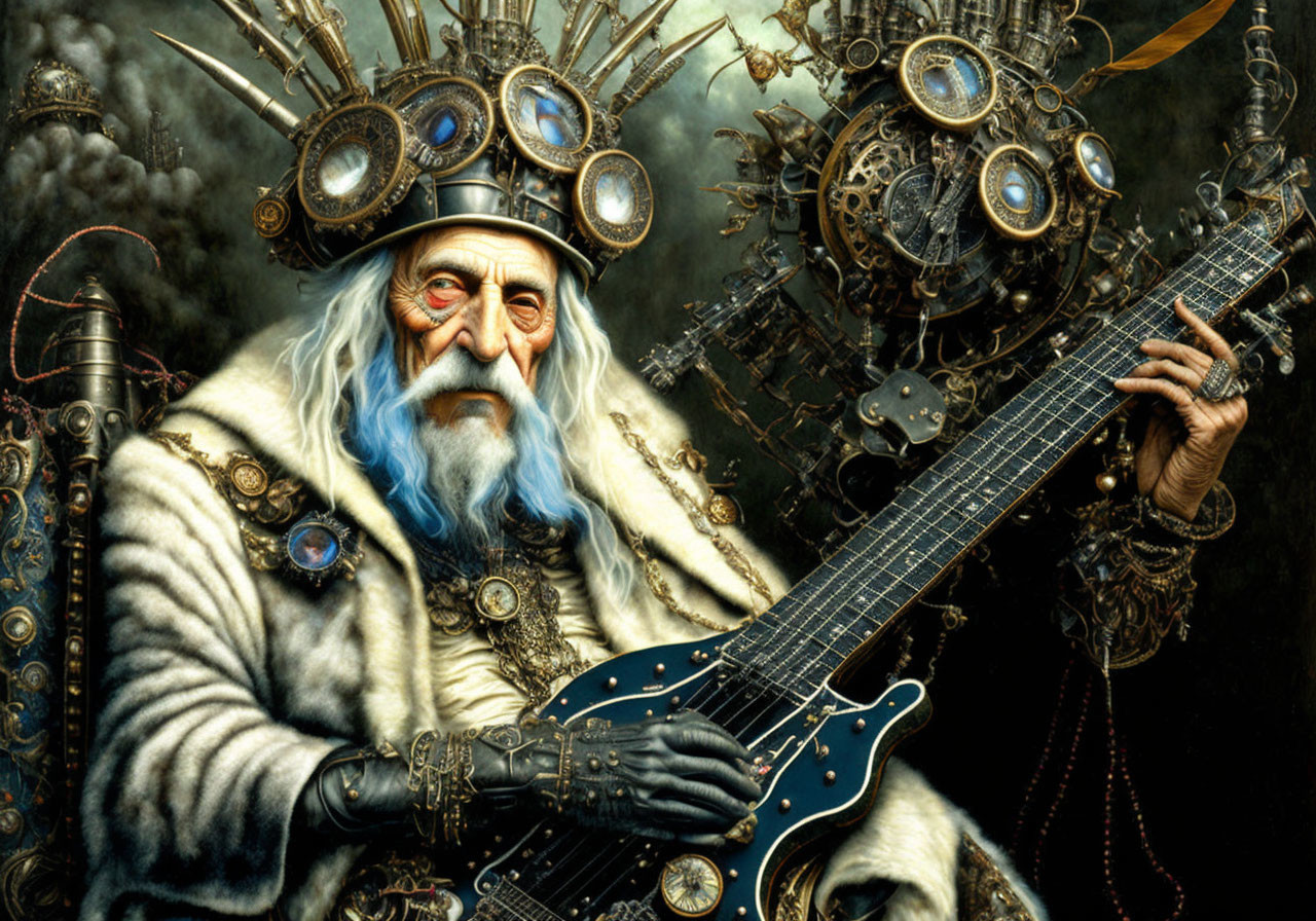 Elderly Man in Steampunk Crown Playing Electric Guitar