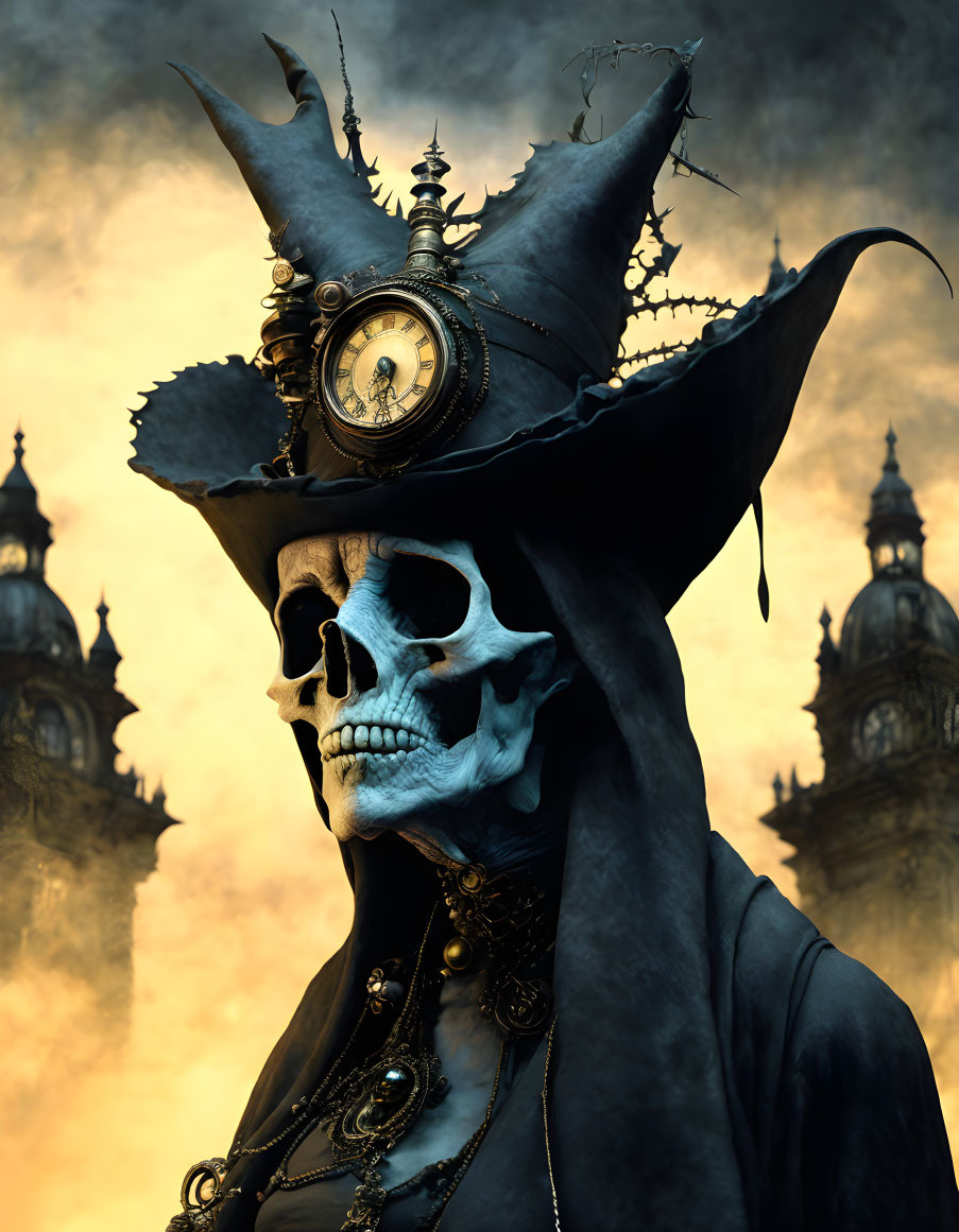 Skull-faced figure in steampunk hat against ominous sky