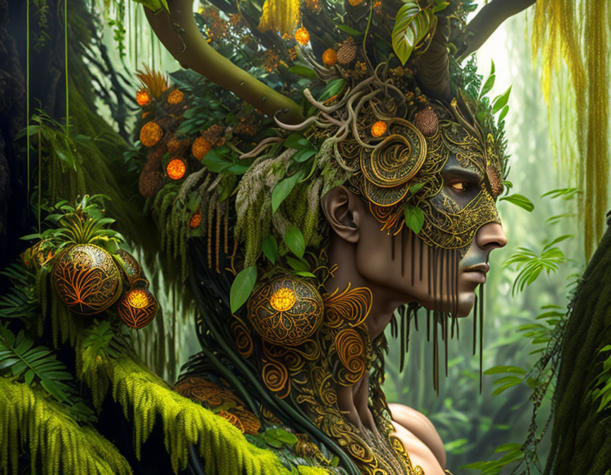 Mystical figure with nature-inspired head ornaments in lush forest