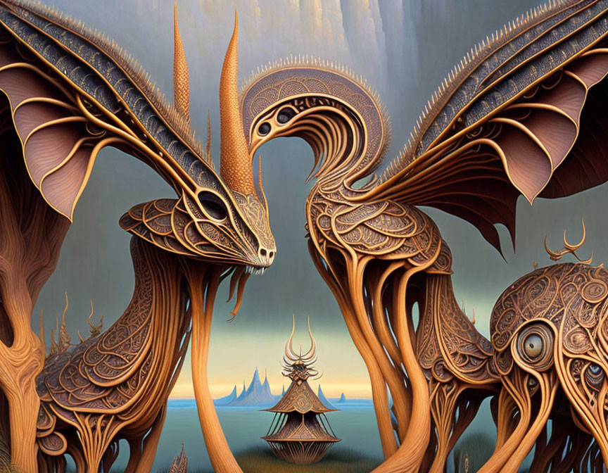 Intricate dragon art in surreal fantasy setting