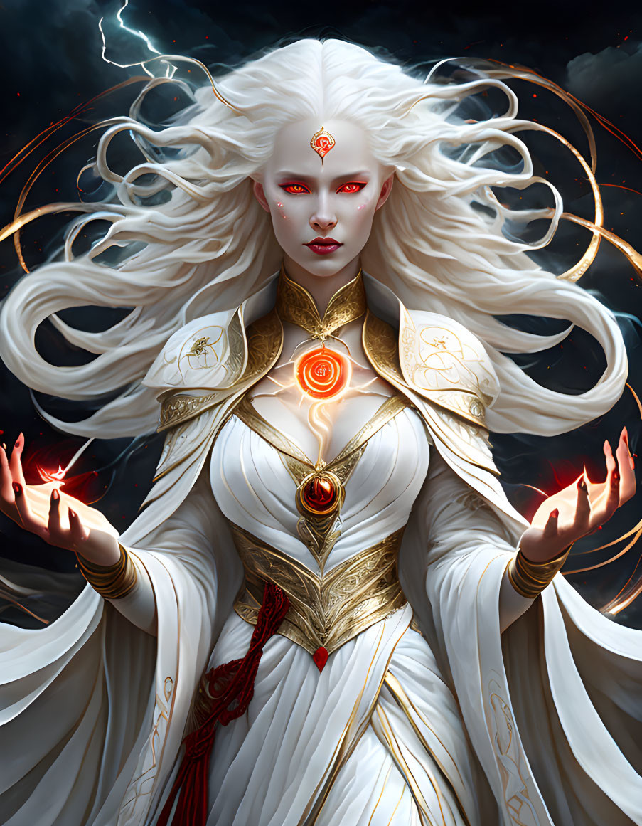 Mystical figure with white hair conjures fiery energy in stormy setting