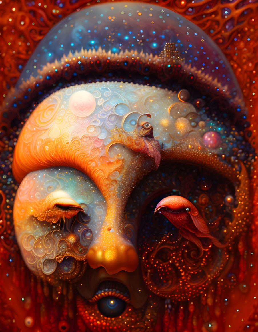 Colorful surreal artwork: intricate face, cosmic elements, red birds