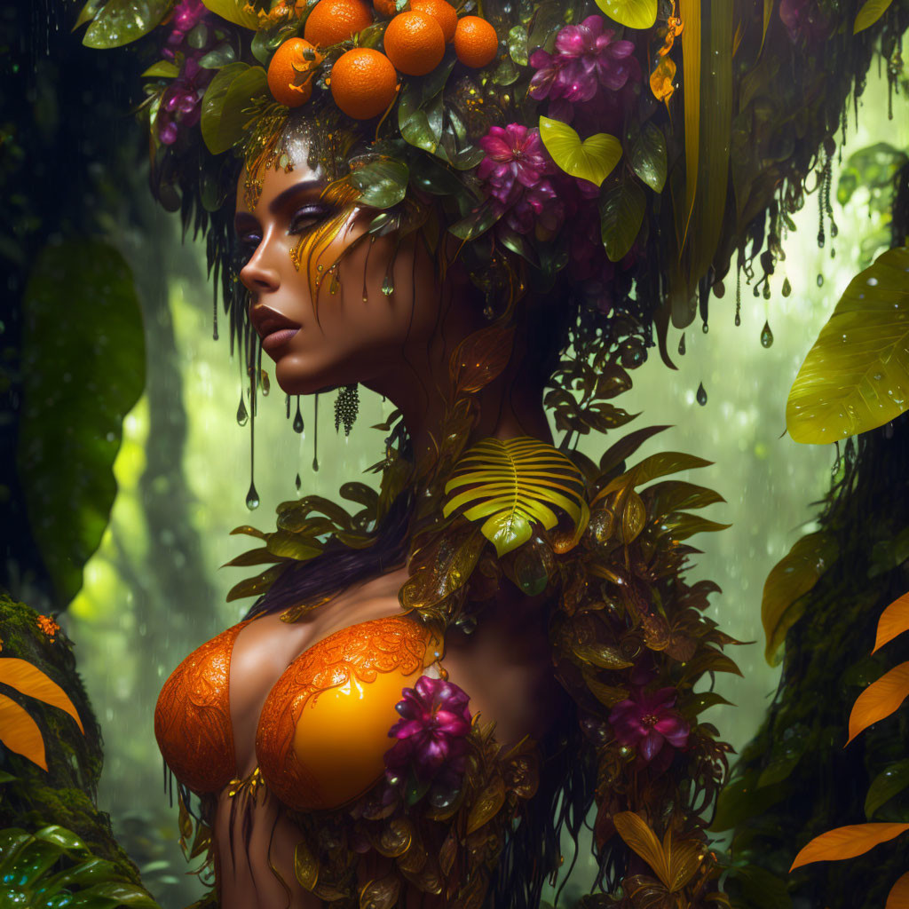 Mystical woman with fruits and flowers in lush jungle setting