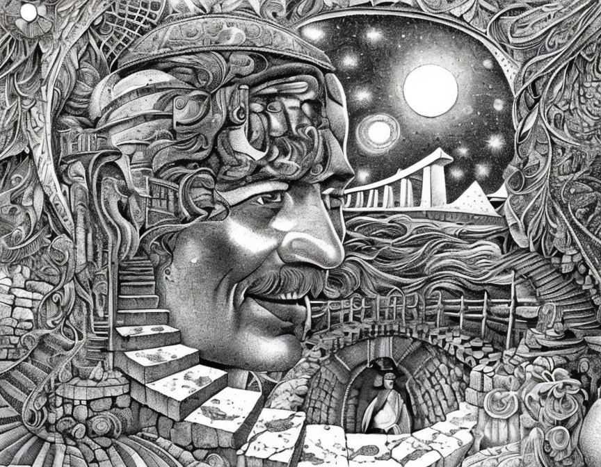 Detailed Black and White Illustration of Man's Face with Intricate Patterns and Celestial Architecture