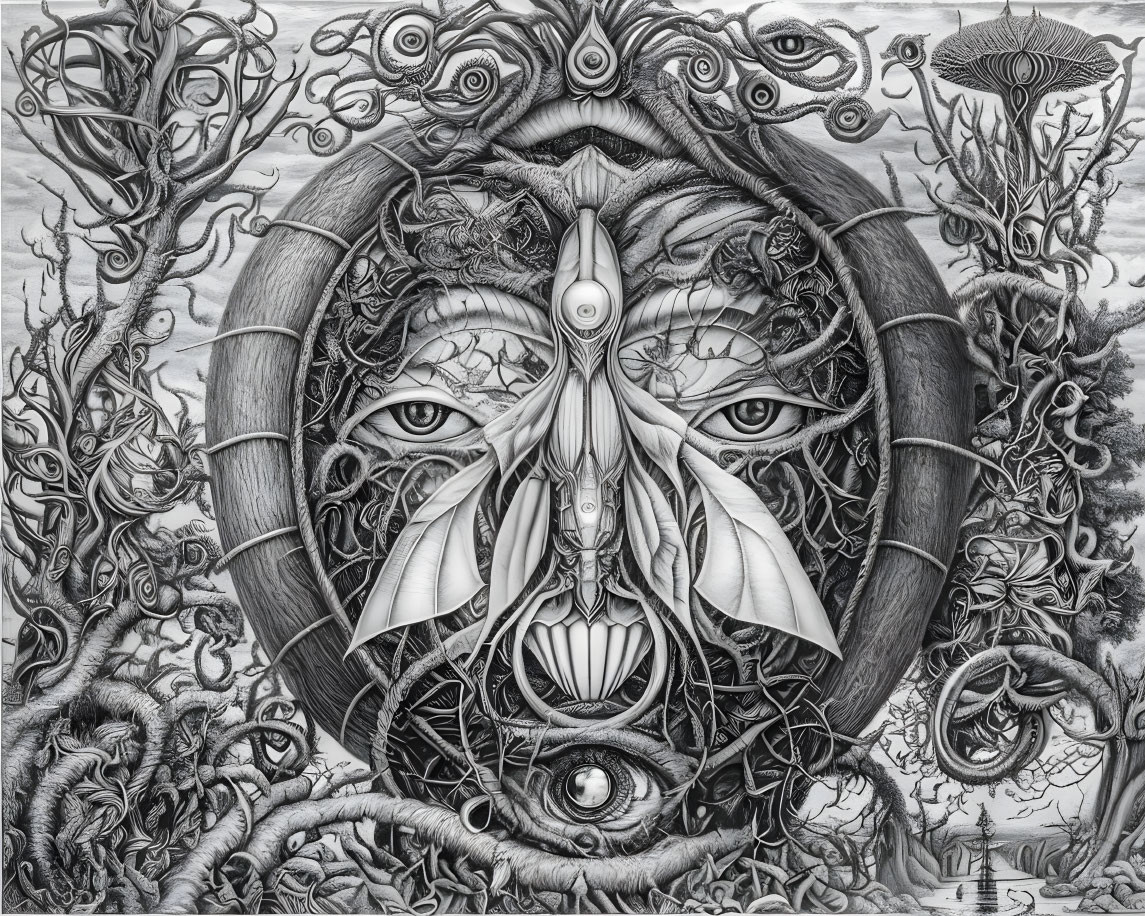 Detailed Black and White Surrealist Artwork with Central Face and Multiple Eyes