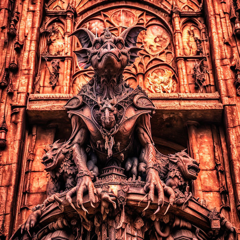 Intricate stone gargoyle against gothic architecture