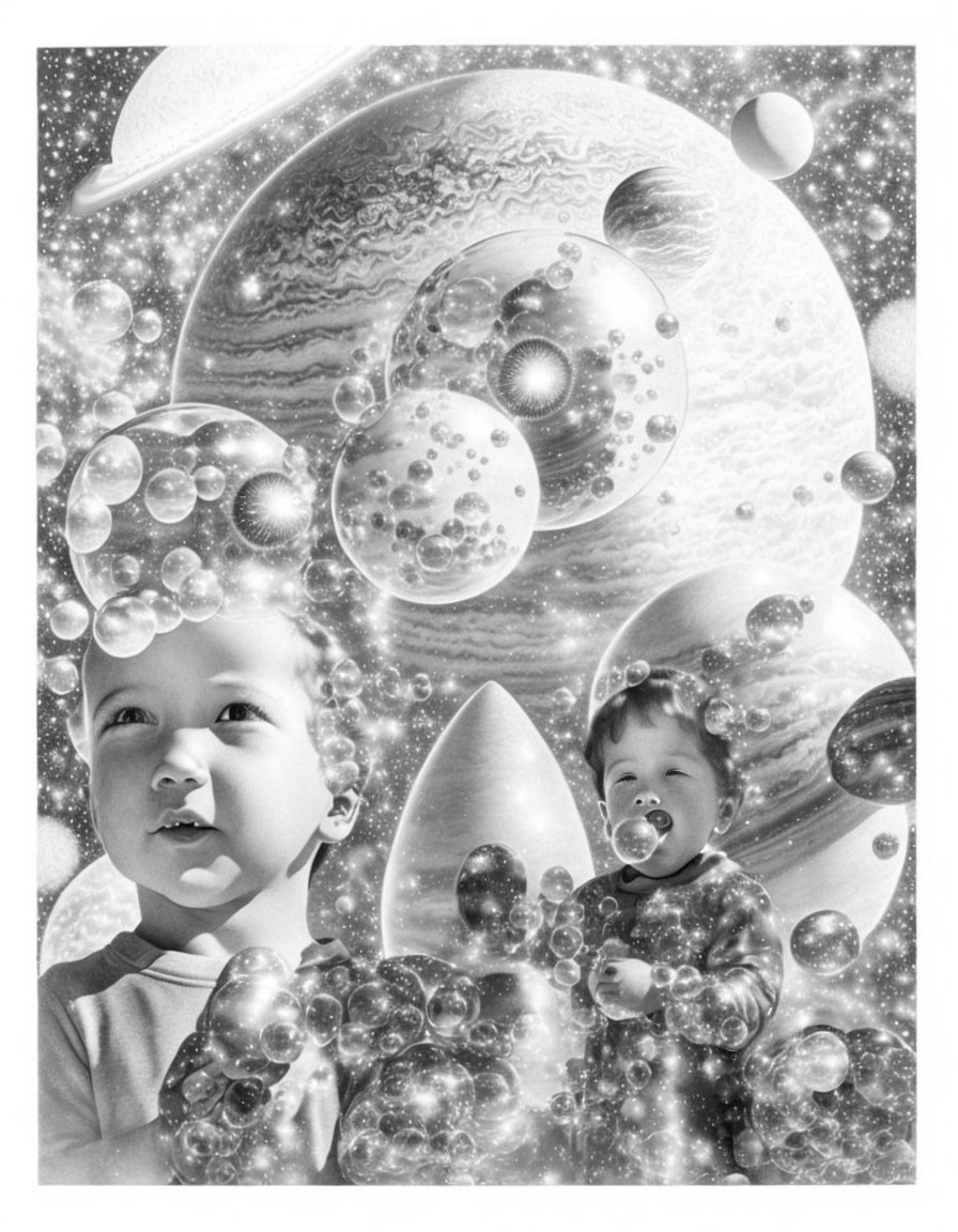 Monochrome artwork featuring toddlers, bubbles, planets, and stars