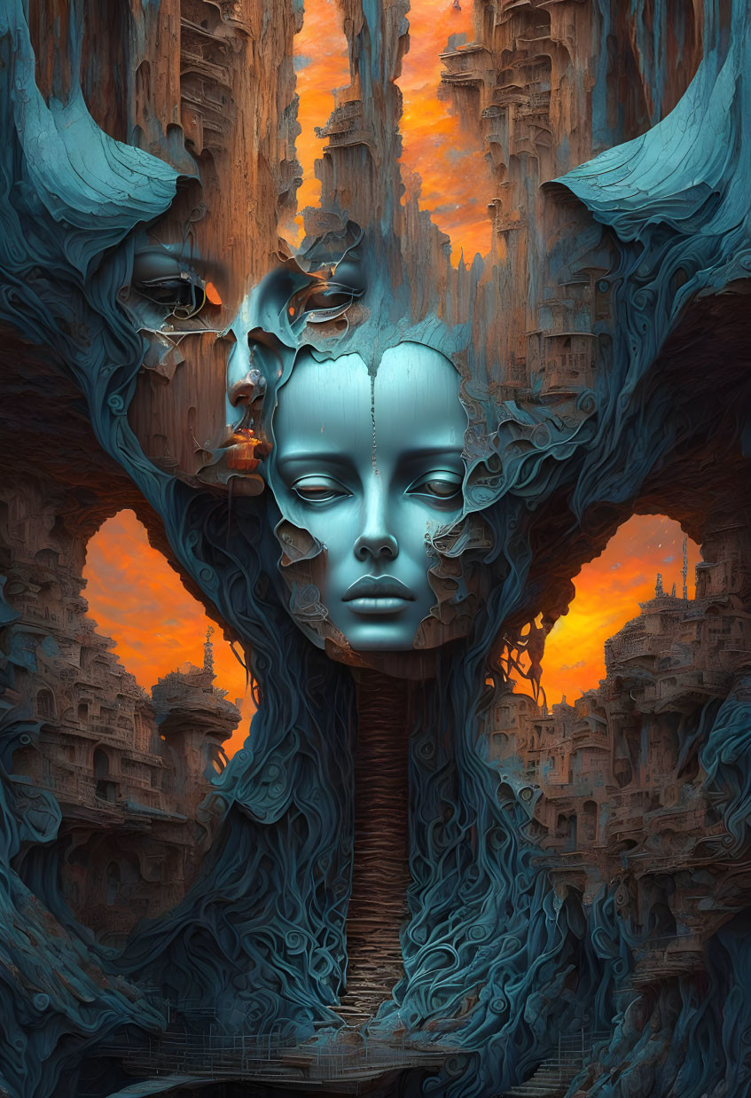 Surreal composite image: Blue faces merging into tree structure on orange sky