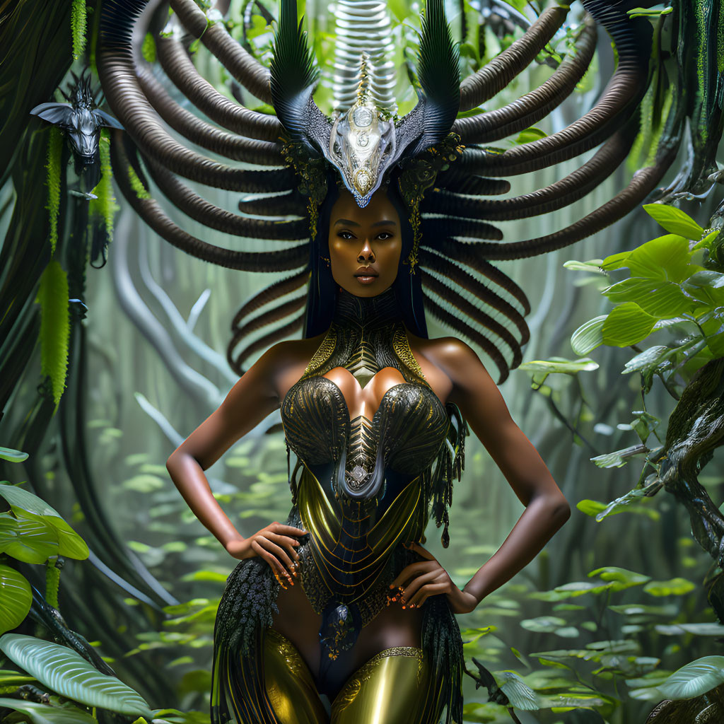 Majestic woman in elaborate headpiece and armor in lush green forest